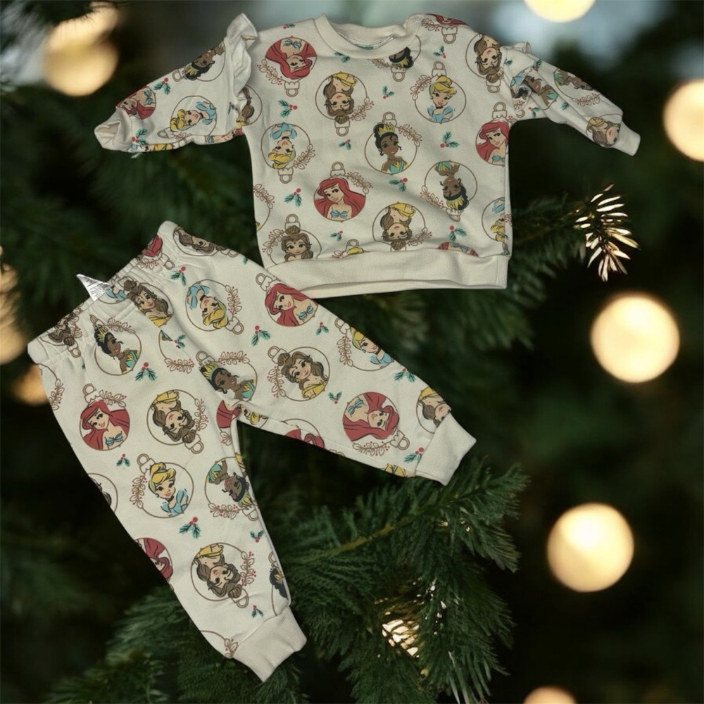 Disney Baby Cream Christmas Holiday Princess Sweatshirt Jogger Set Infant Kids